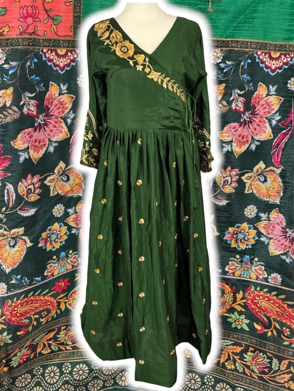100% Silk Embroidered Anarkali Set L Pants Dress Dupatta Scarf Floral Emerald